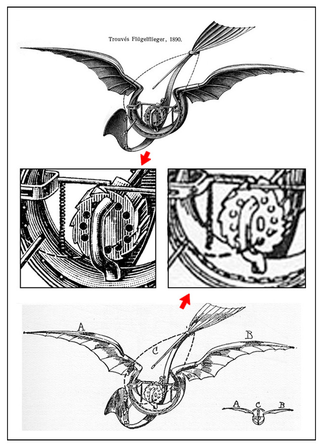 上・『メーヤーズ百科事典』で描かれているトルーヴェの羽ばたき飛行機図。ネットで見つかった図はとてもアバウトであることがわかる。