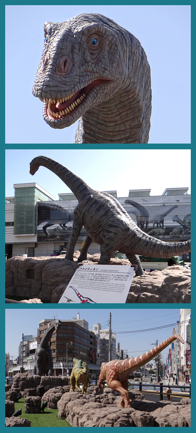 福井駅前広場で来県者を出迎える恐竜たち。このパフォーマンスは今年、2015年3月に登場、12月まで見ることができる（北陸の冬は積雪が多いため厳寒期は撤去？）。（写真･山根一眞）